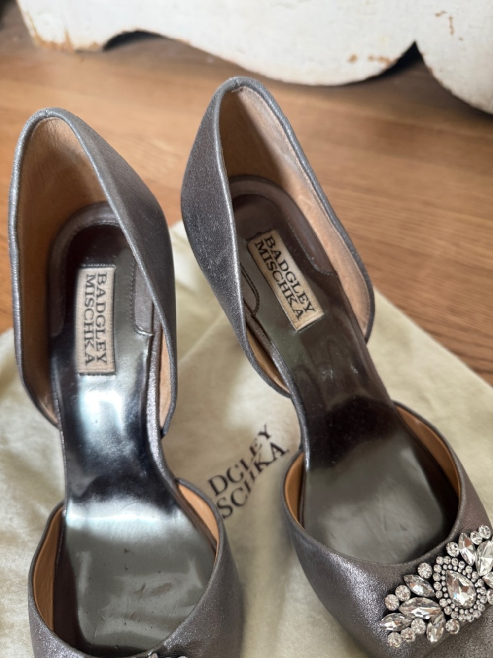 Badgley Mischka Silver Satin Peep-Toe Crystal Heels - Picture 5 of 8